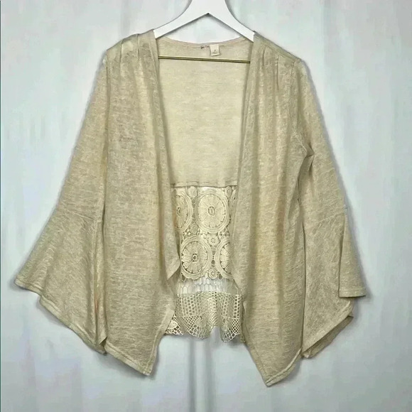 Womens Cardigan Cream S Waterfall Open Front Bell Sleeves 14” Lace Border EUC - Picture 1 of 12
